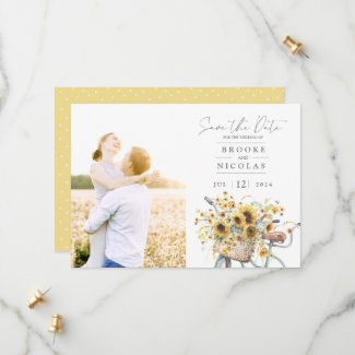 Bicycle Rustic Sunflower Watercolor Wedding Photo Save The Date