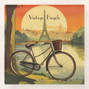 Bicycle Travel Poster, Paris customizable Glass Coaster