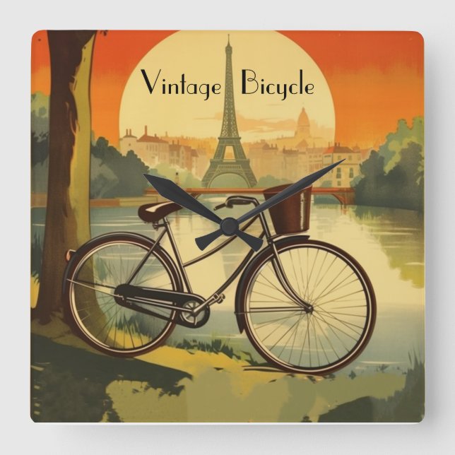 Bicycle Travel Poster, Paris customizable Square Wall Clock (Front)