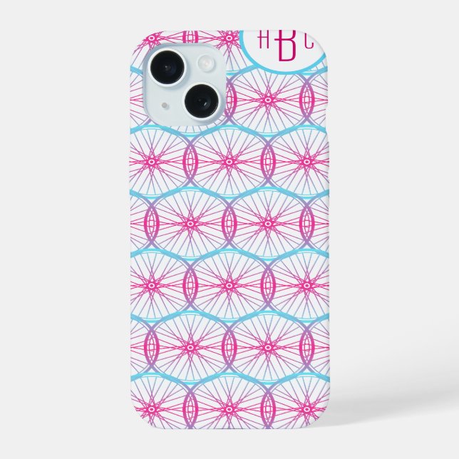 Bicycle wheel pretty pattern add initials iPhone 15 case (Back)