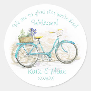 Bicycle with Basket Aqua Welcome Classic Round Sticker