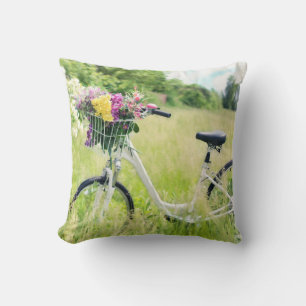 Bicycle with Basket of Flowers in the Meadow Throw Pillow