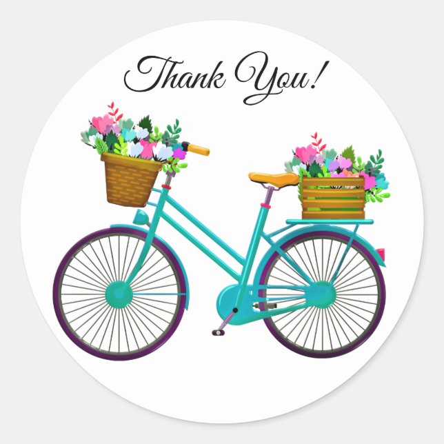 Bicycle With Basket Of Flowers Thank You Classic Round Sticker (Front)