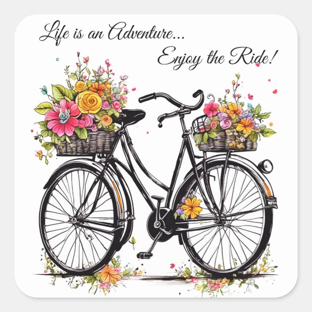 Bicycle With Basket Of Pink Yellow Orange Flowers  Square Sticker (Front)