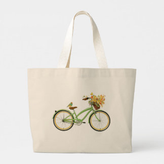 Bicycle With Bird and Flower Basket Green Yellow Large Tote Bag