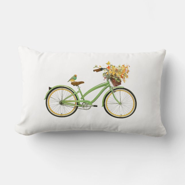Bicycle With Bird and Flower Basket Green Yellow Lumbar Pillow (Front)