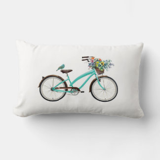 Bicycle With Bird and Flower Basket Turquoise Blue Lumbar Pillow