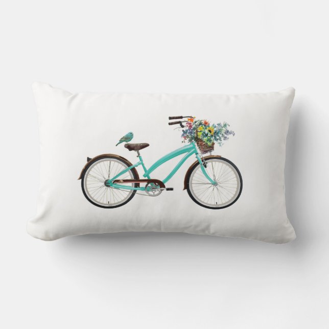 Bicycle With Bird and Flower Basket Turquoise Blue Lumbar Pillow (Front)