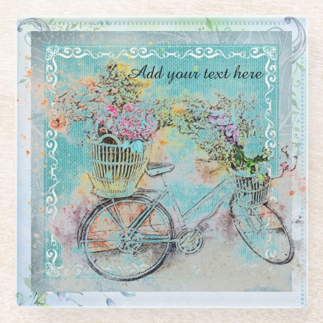 Bicycle with flower baskets on blue burlap glass coaster (Front)