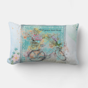 Bicycle with flower baskets on blue burlap lumbar pillow