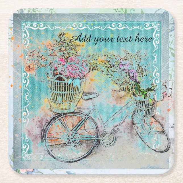 Bicycle with flower baskets on blue burlap square paper coaster (Front)