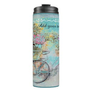 Bicycle with flower baskets on blue burlap thermal tumbler