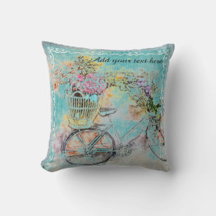 Bicycle with flower baskets on blue burlap throw pillow