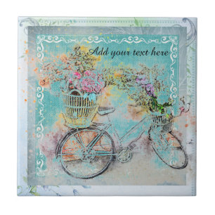Bicycle with flower baskets on blue burlap tile