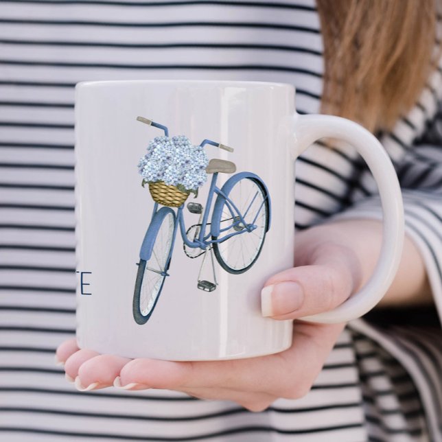 Bicycle with Hydrangea Basket Flower Lover Ceramic Coffee Mug (Hamptons hydrangea bicycle personalized mug)