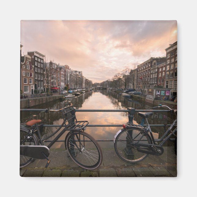Bicycles at sunset in Amsterdam Magnet (Front)