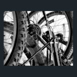 Bicycles Bike Tires Gears Chains Modern Pop Art Poster<br><div class="desc">Great for anyone with a sporty modern or artsy flair, this design focusses on the shapes, forms, lines and patterns of several bicycles at a bike stand. Details include bike tires and treads, curve of the wheels, toothy gears, chains and accessories creating excellent ineraction of space and form. You can...</div>