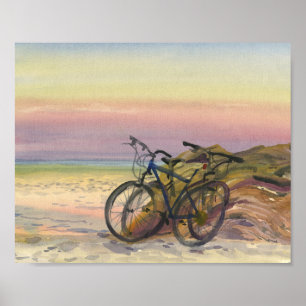 Bicycles by the Sea at Sunset Watercolor Poster