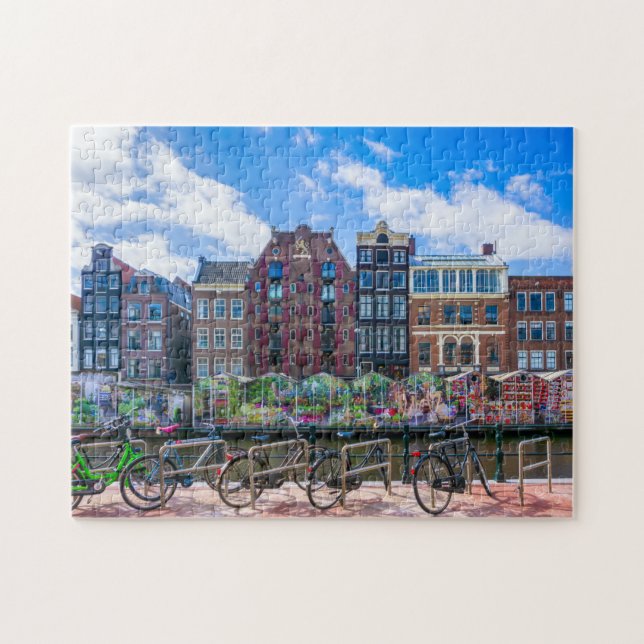 Bicycles Houses Along Amsterdam Canal Netherlands Jigsaw Puzzle (Horizontal)