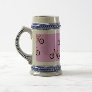 Bicycles pattern on pink beer stein