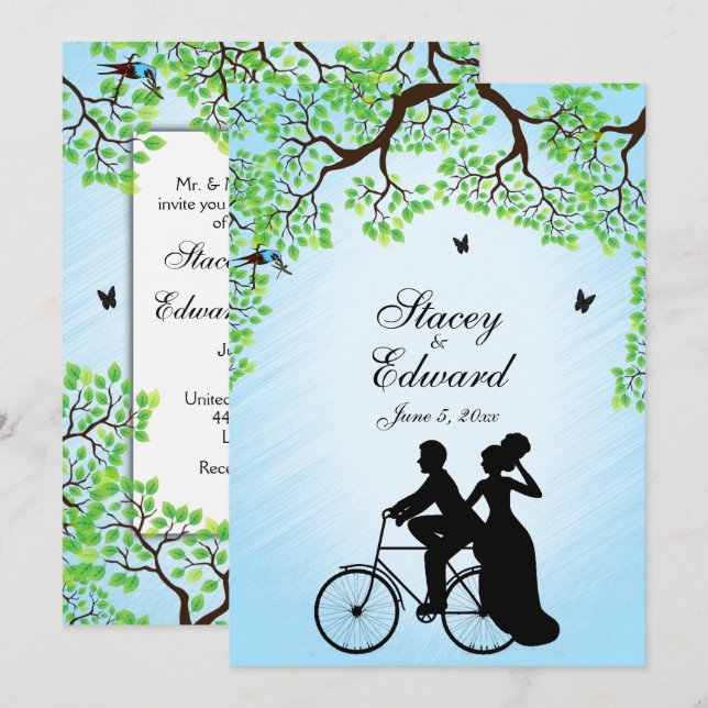 Bicyclette thème Faire-part de mariage Bleu (Devant / Derrière)