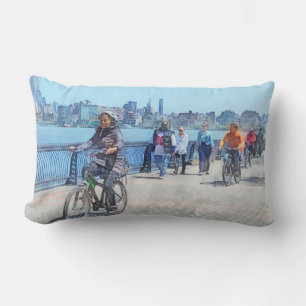 Bicycling Along Pier A Hoboken NJ Lumbar Pillow