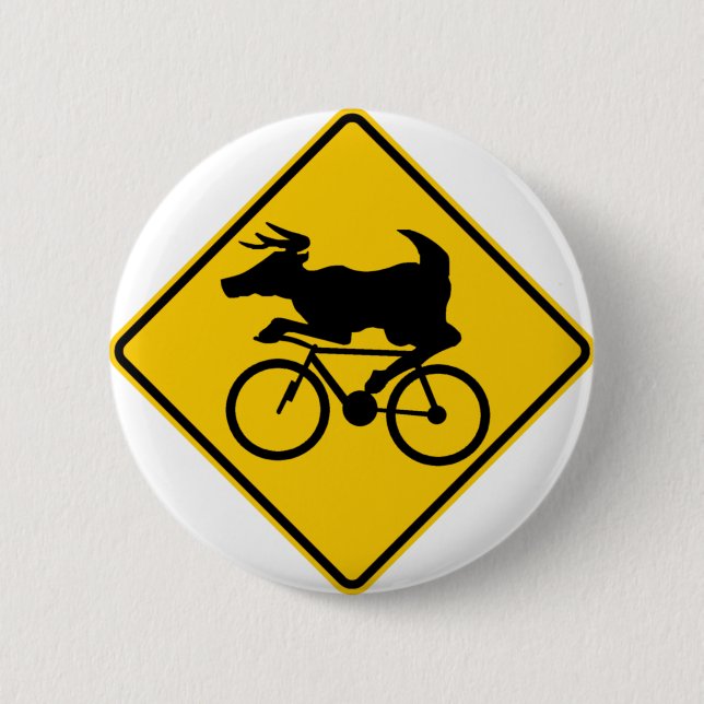 Bicycling Deer Crossing Highway Sign 2 Inch Round Button (Front)