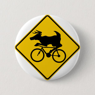Bicycling Deer Crossing Highway Sign 2 Inch Round Button