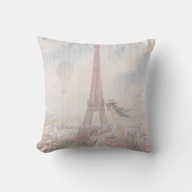 Bicycling through Paris Throw Pillow (Front)