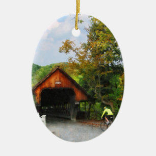 Bicyclist at Middle Bridge Woodstock VT Ceramic Ornament