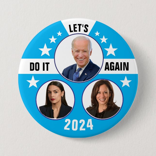 Biden Harris and AOC 2024 3 Inch Round Button (Front)