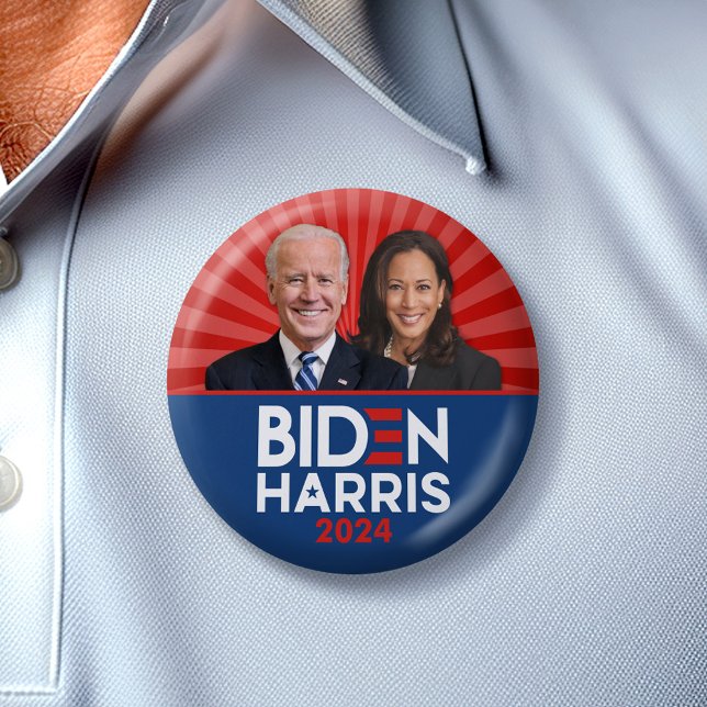 Biden Harris Photo - 2024 star - Red White Blue 2 Inch Round Button (Biden Harris 2024 Buttons)
