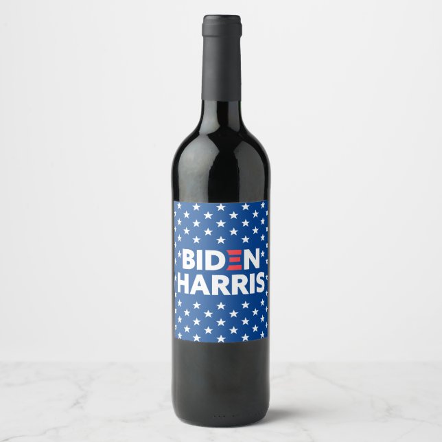 Biden / Harris White Stars Pattern Blue Wine Label (Front)