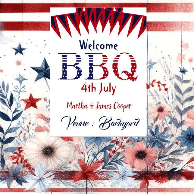 Bienvenue 4 juillet BBQ Party Red Blue Poster (Welcome 4th July BBQ Party Red Blue Poster)