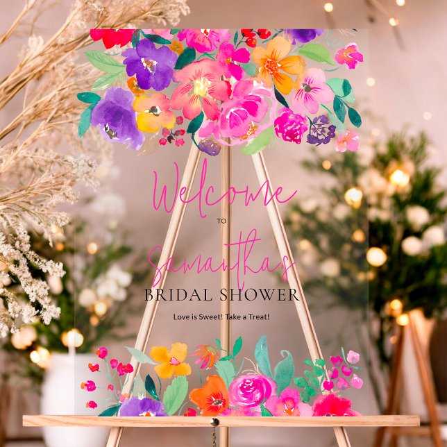 Bienvenue à la réception de mariage aquarelle flor (Bold pink floral watercolor bridal shower welcome acrylic sign)