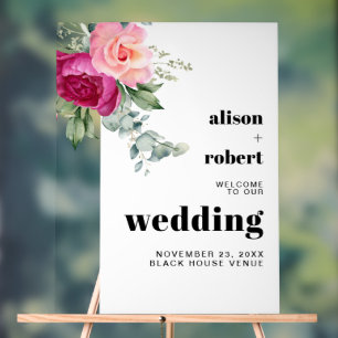 Bienvenue au mariage aux roses roses et eucalyptus