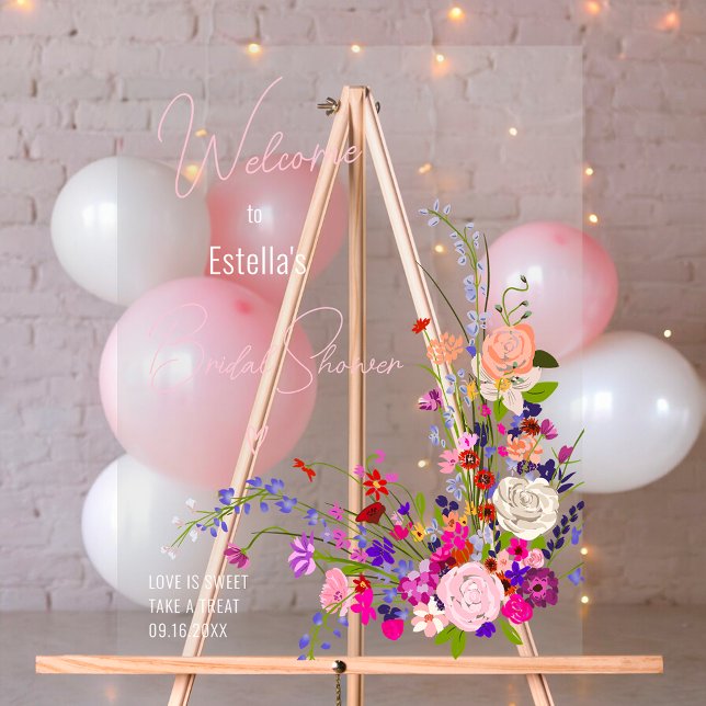 Bienvenue au mariage avec une écriture moderne de  (Modern wild flowers script bridal shower welcome acrylic sign)