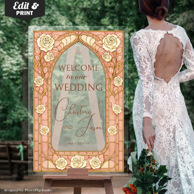 Bienvenue au Mariage Fleurie en Verre Coloré Rose  (Blush Pink Stained Glass Floral Wedding Welcome Acrylic Sign)