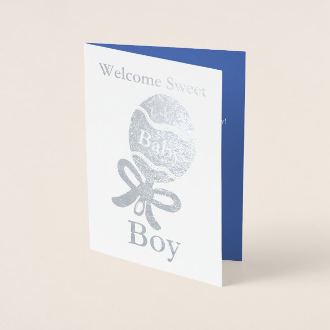 Bienvenue Baby Boy Silver Foil Carte de voeux (Devant)