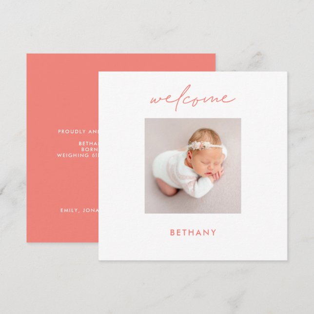 Bienvenue Baby Name Coral Rose Faire-part de naiss (Devant / Derrière)