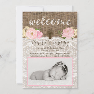 Bienvenue carte fille avec fleurs roses et croix