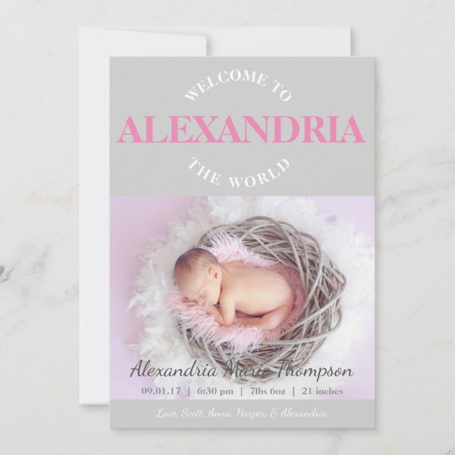 Bienvenue dans le Faire-part de naissance gris ros (Devant)