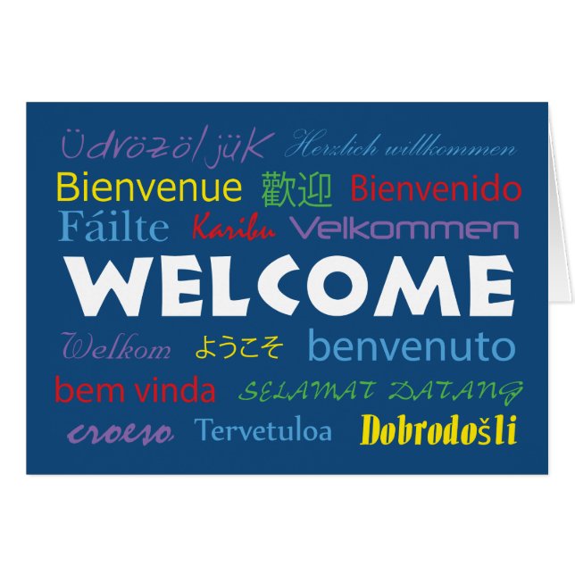 Bienvenue dans plusieurs langues Bleu Personnalise (Devant horizontal)