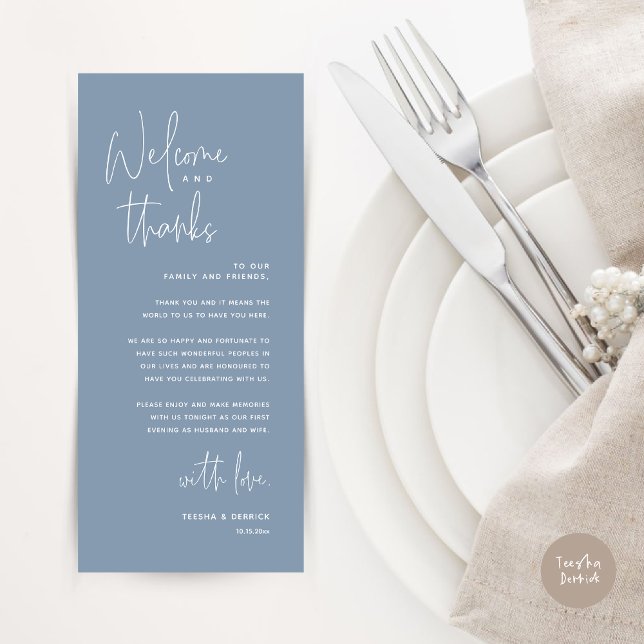 Bienvenue et merci, Place Setting Carte de remerci (Welcome and Thanks, Dinner Place Setting Thank You Card, Modern Romantic, in Dusty Blue)