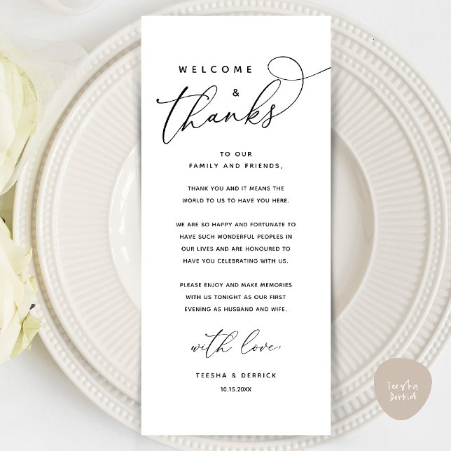 Bienvenue et merci, Place Setting Carte de remerci (Welcome and Thanks, Wedding Dinner Place Setting Thank You Card in Classy Black White)