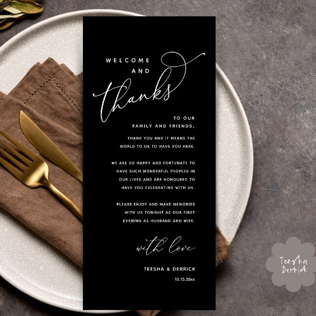 Bienvenue et merci, Place Setting Carte de remerci (Welcome and Thanks, Wedding Dinner Place Setting Thank You Card in Classy Black White)