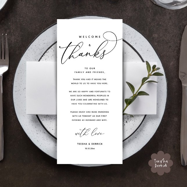 Bienvenue et merci, Place Setting Carte de remerci (Welcome and Thanks, Modern Wedding Dinner Brunch Lunch Place Setting Thank You Card in White Black)