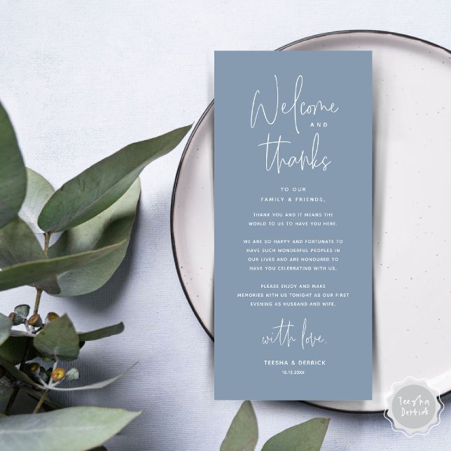 Bienvenue et merci, Place Setting Carte de remerci (Welcome and Thanks, Wedding Dinner Place Setting Thank You Card in Dusty Blue)