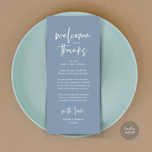Bienvenue et merci, Place Setting Carte de remerci (Welcome and Thanks, Modern Wedding Dinner Brunch Party Place Setting Thank You Card Dusty Blue)