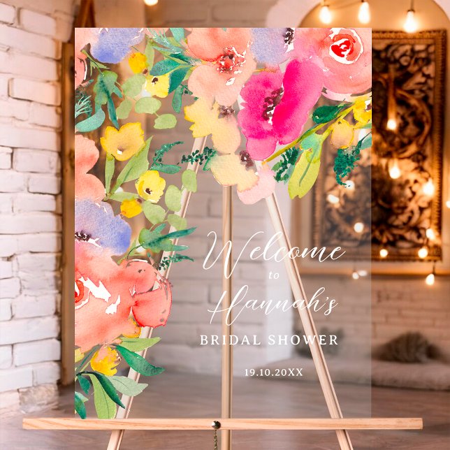 Bienvenue florale bohème lumineuse et audacieuse p (Bright bold boho garden floral bridal welcome acrylic sign)